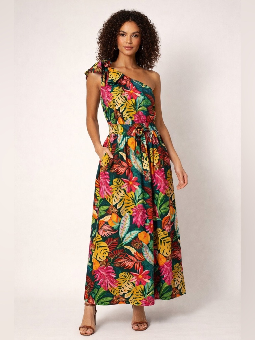 One-Shoulder Tropical Floral Midi Dress - Multi